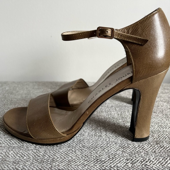 SEXY Vintage CHARLES JOURDAN of Paris Tan Lizard Print Open Toe Heels US Size 7 - Picture 8 of 11